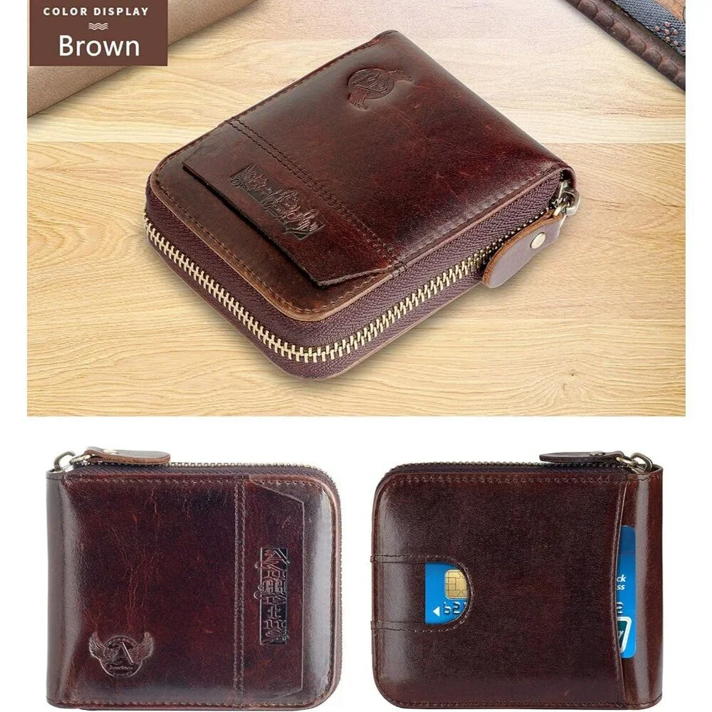 Men's Genuine Leather Dark Brown Short Zip Around Pockets Bifold Wallet Card